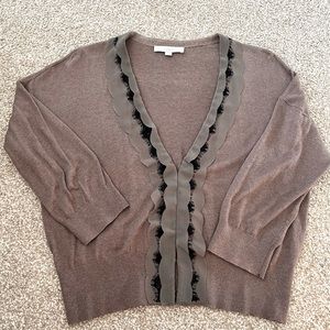 LOFT TAUPE LIGHTWEIGHT CARDIGAN SWEATER WITH CHIFFON AND LACE DETAIL